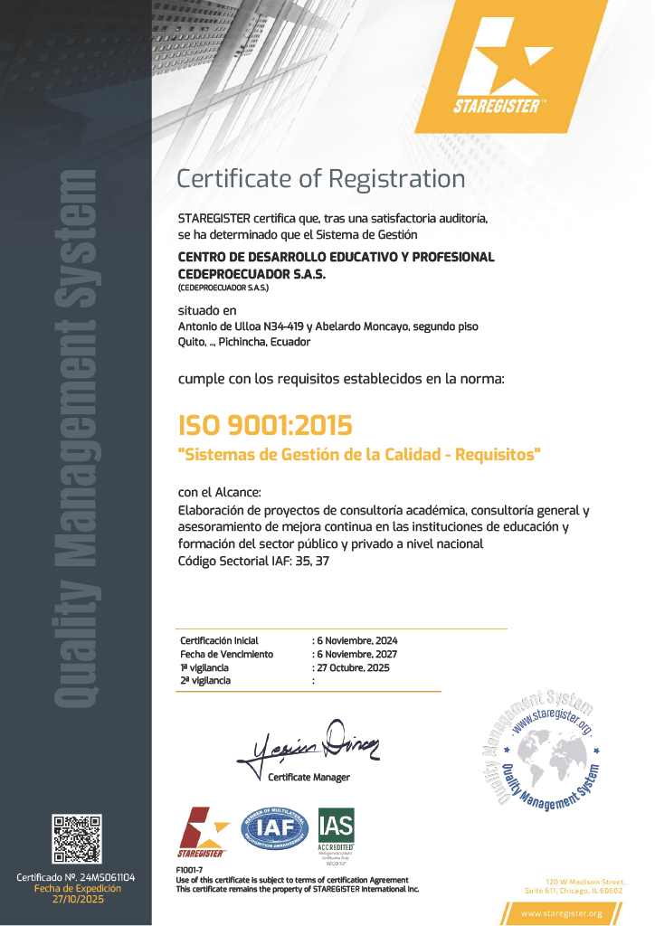 Certificado Oficial ISO 9001:2015 CEDEPRO Ecuador